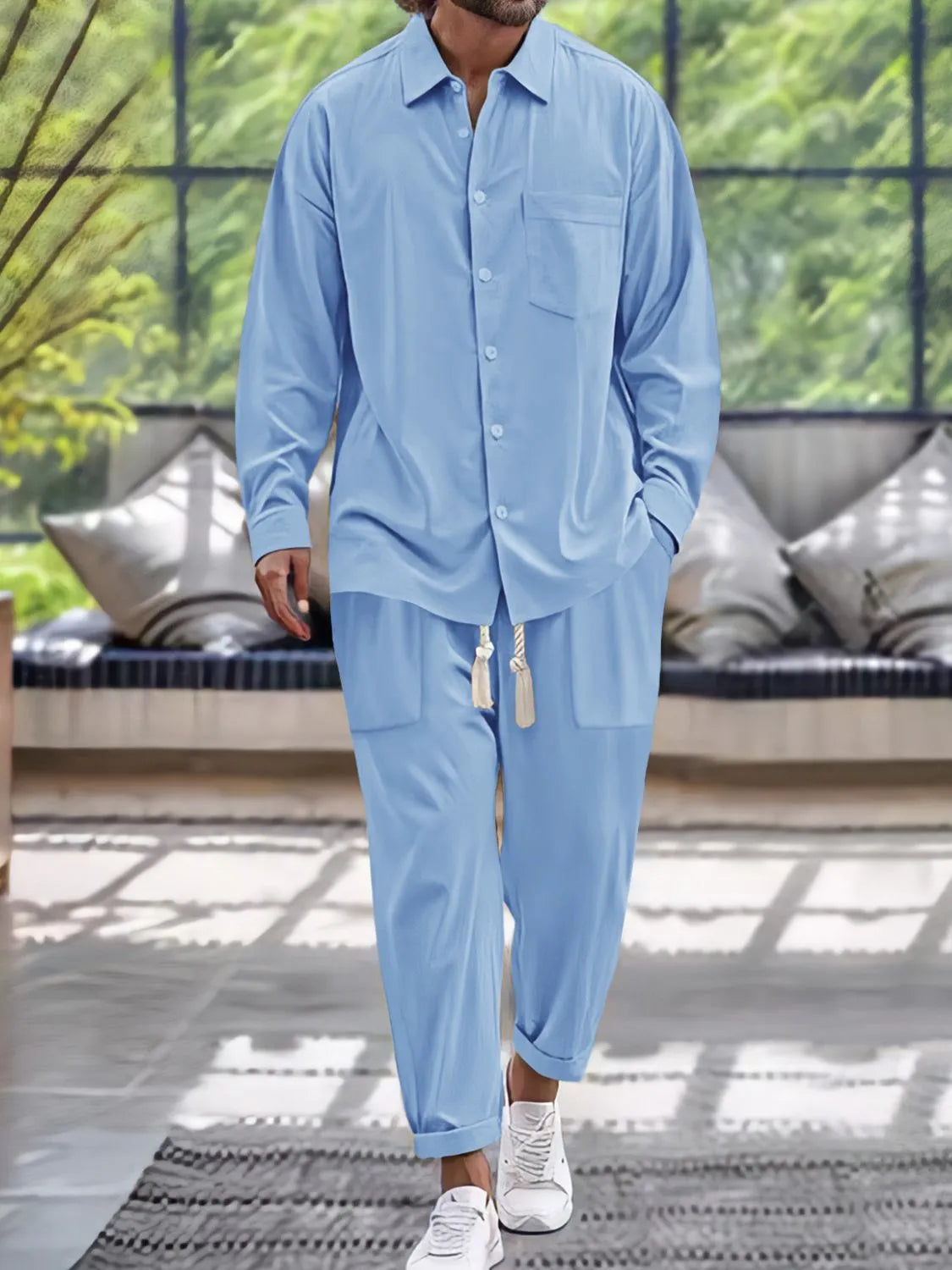Men's Button Down Long Sleeve Shirt and Pants Set in Light Blue