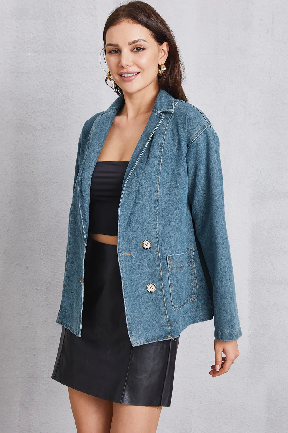Pocketed Button Up Denim Jacket, view 3