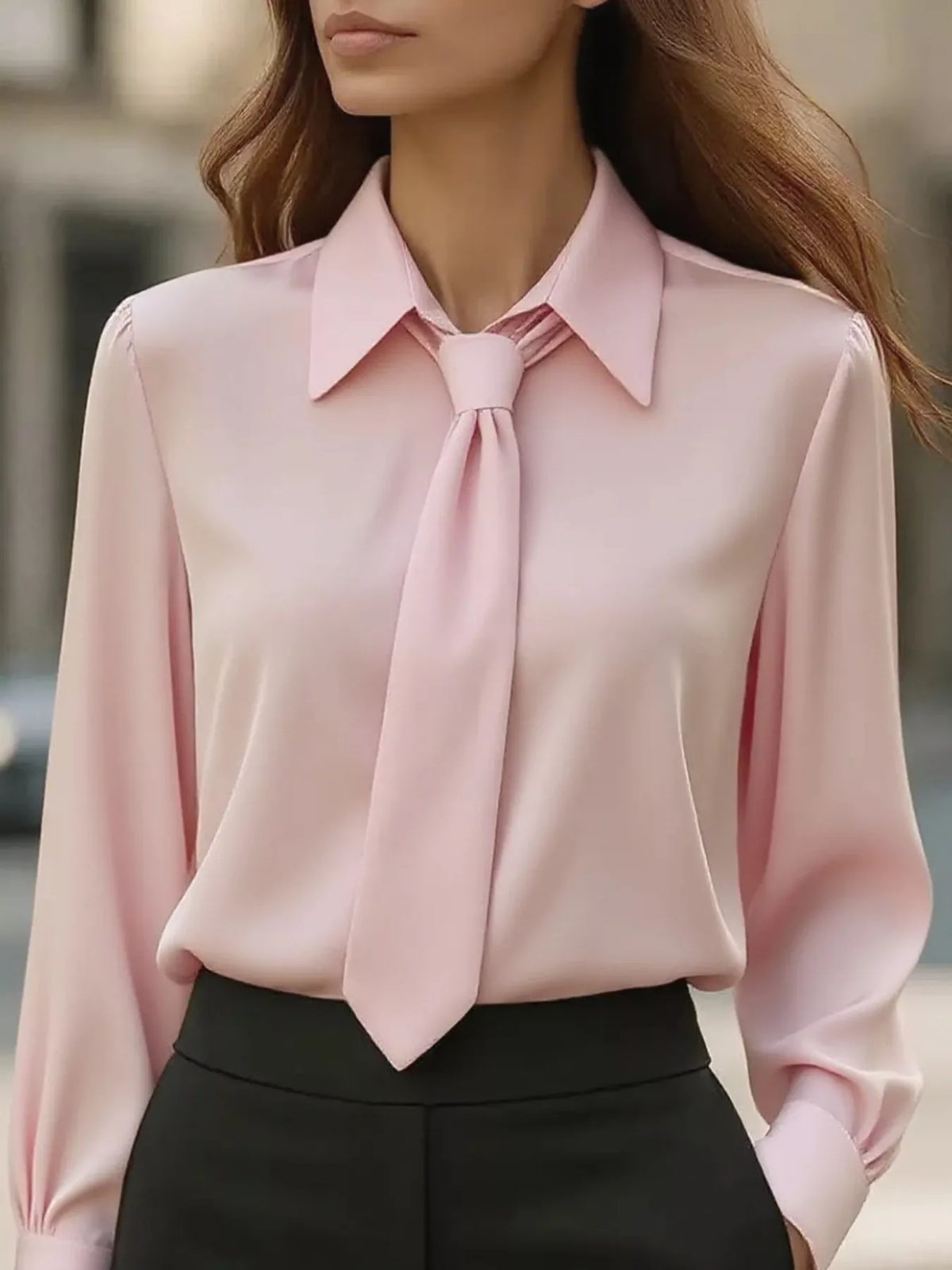 Tie-Neck Long Sleeve Blouse in Pink
