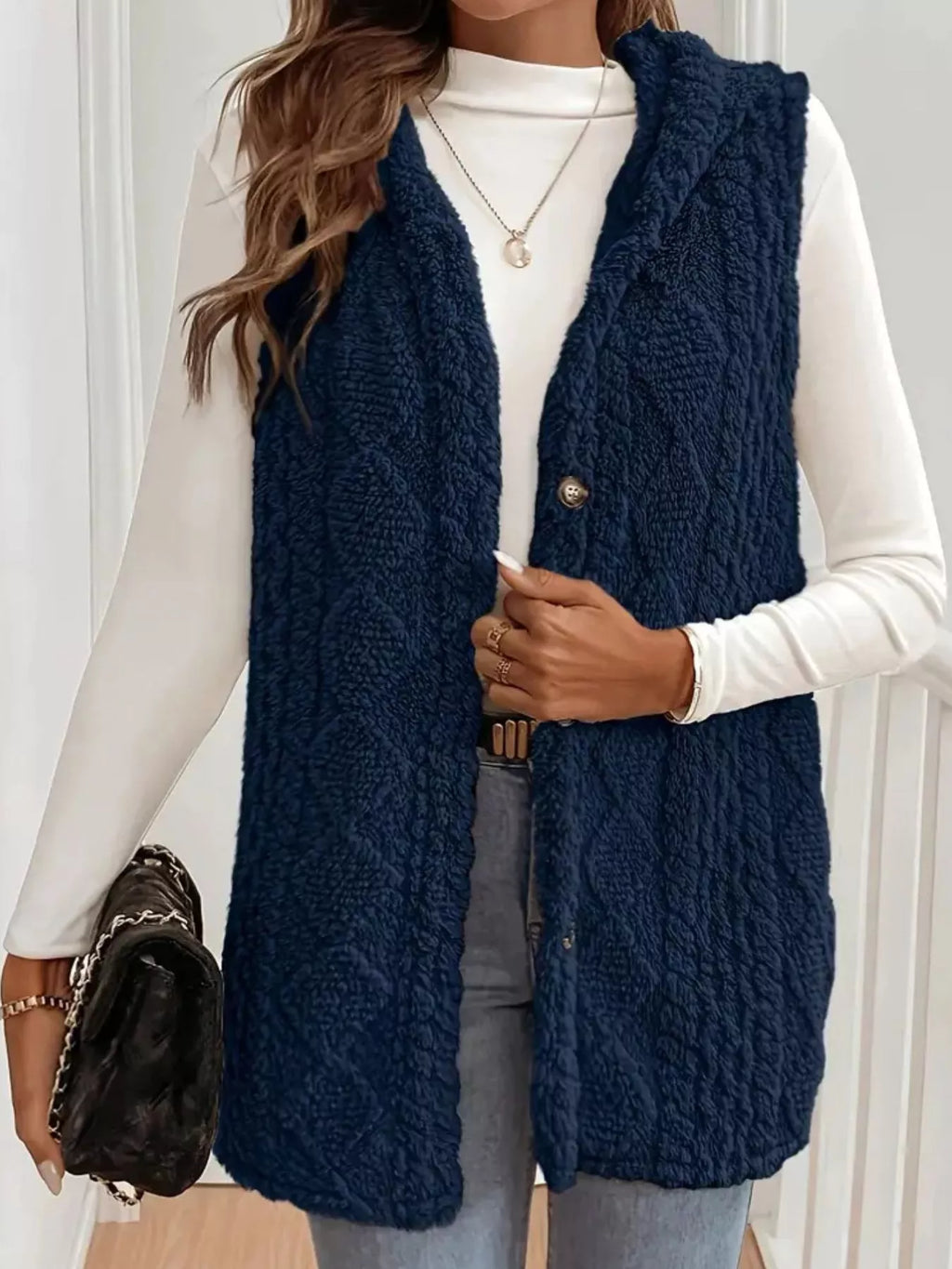 Hooded Button-Up Sherpa Vest Coat - Lilixa.store