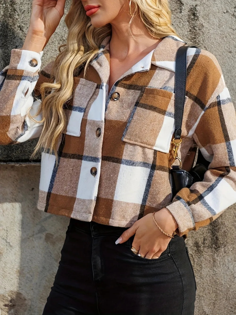 Plaid Collared Neck Cropped Jacket in Caramel, view 2