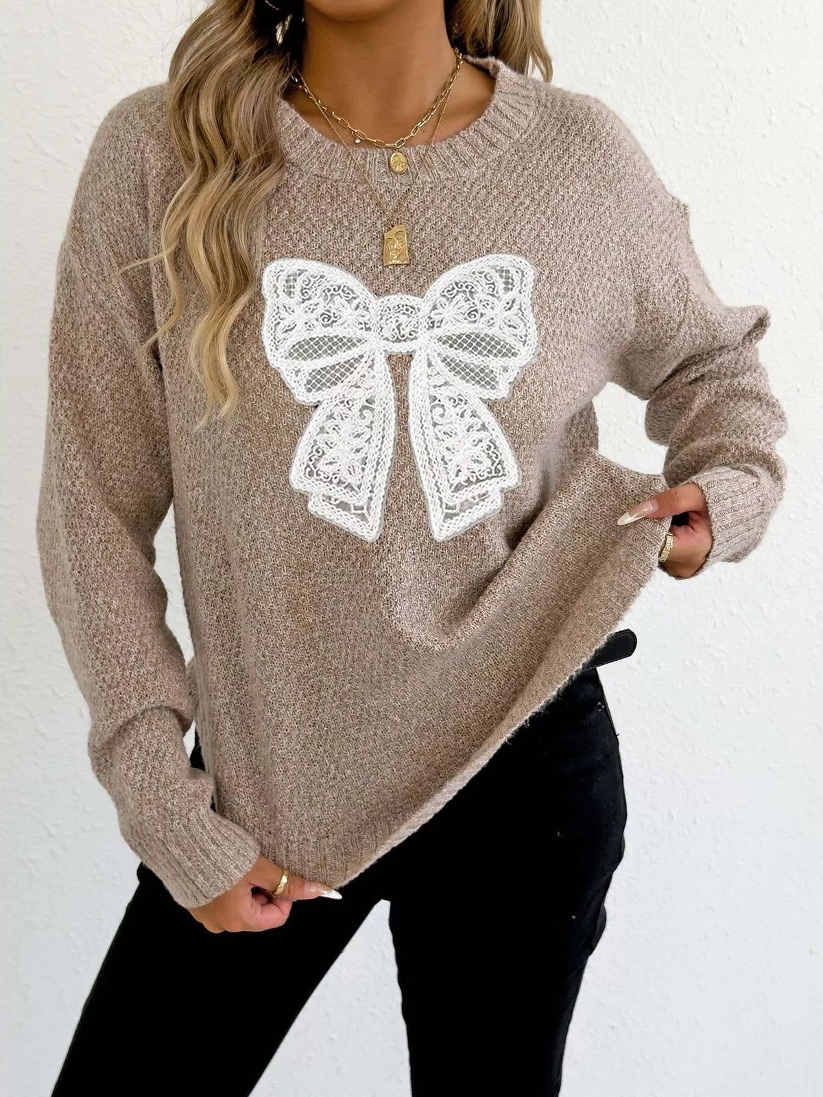 Lace Bow Embroidered Round Neck Sweater