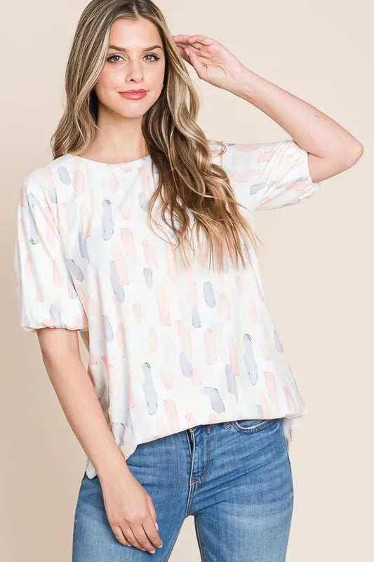 BOMBOM Round Neck Puff Short Sleeve Blouse - Lilixa.store