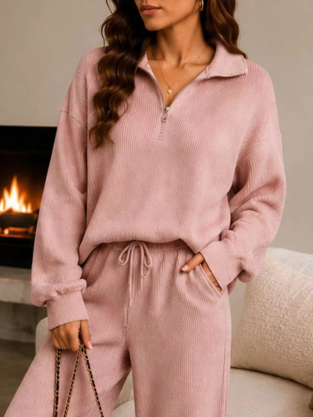 Ribbed Knit Quarter-Zip Top and Wide-Leg Pants Set - Lilixa.store