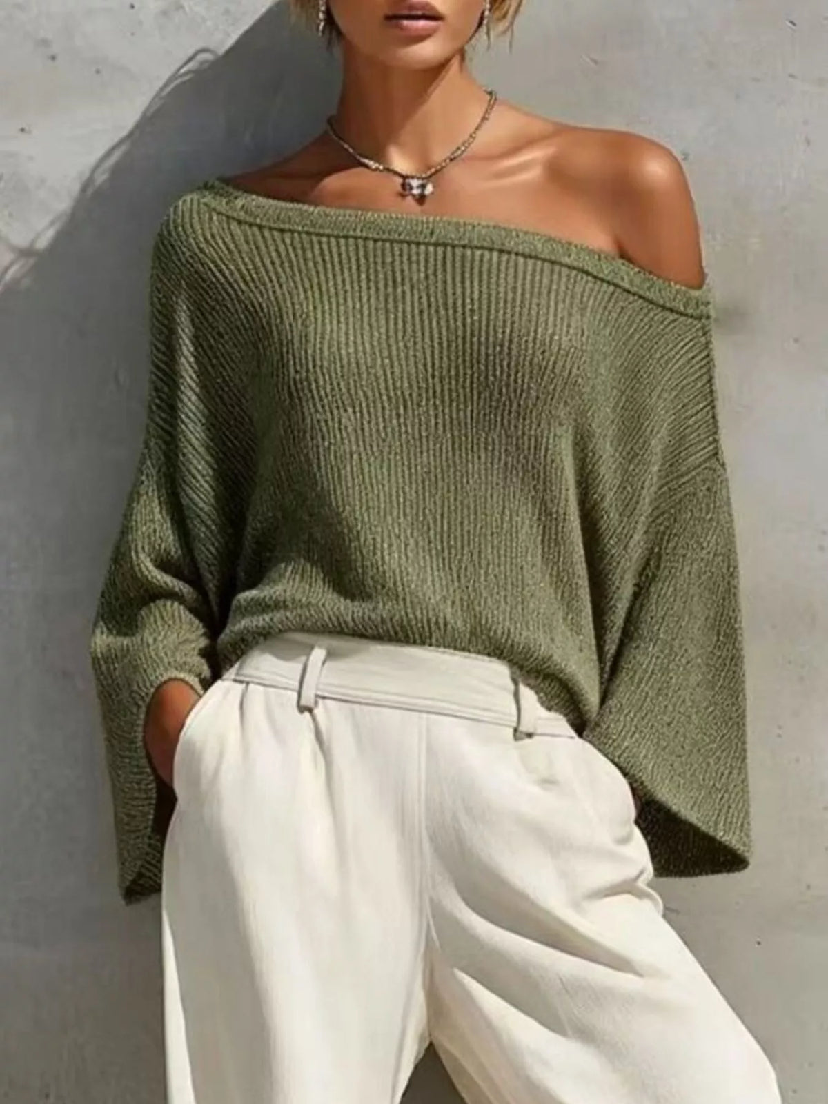 One-Shoulder Knit Top and High-Waisted Pants Set, view 3