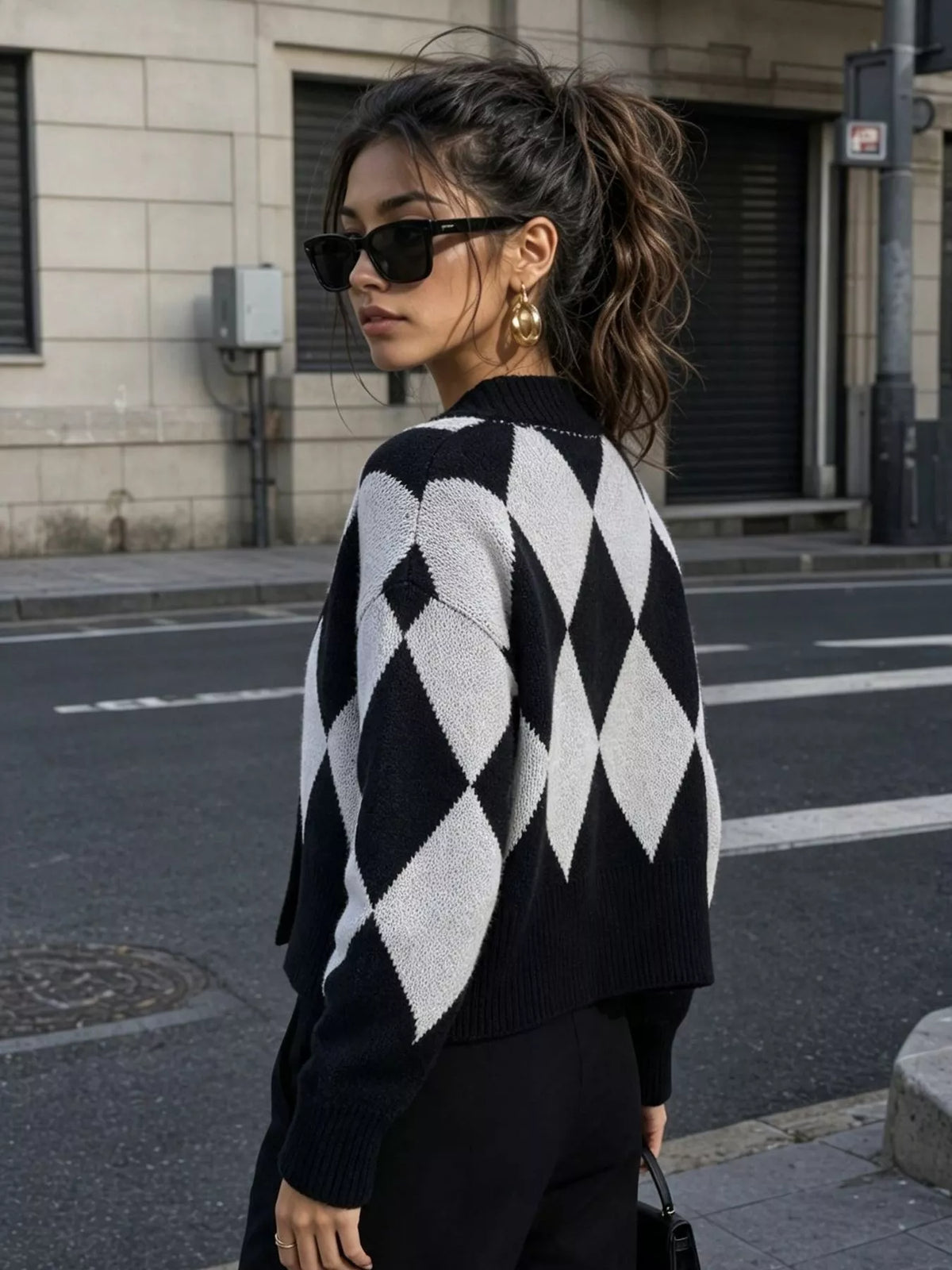 Argyle Pattern V-Neck Button-Down Cardigan, view 3