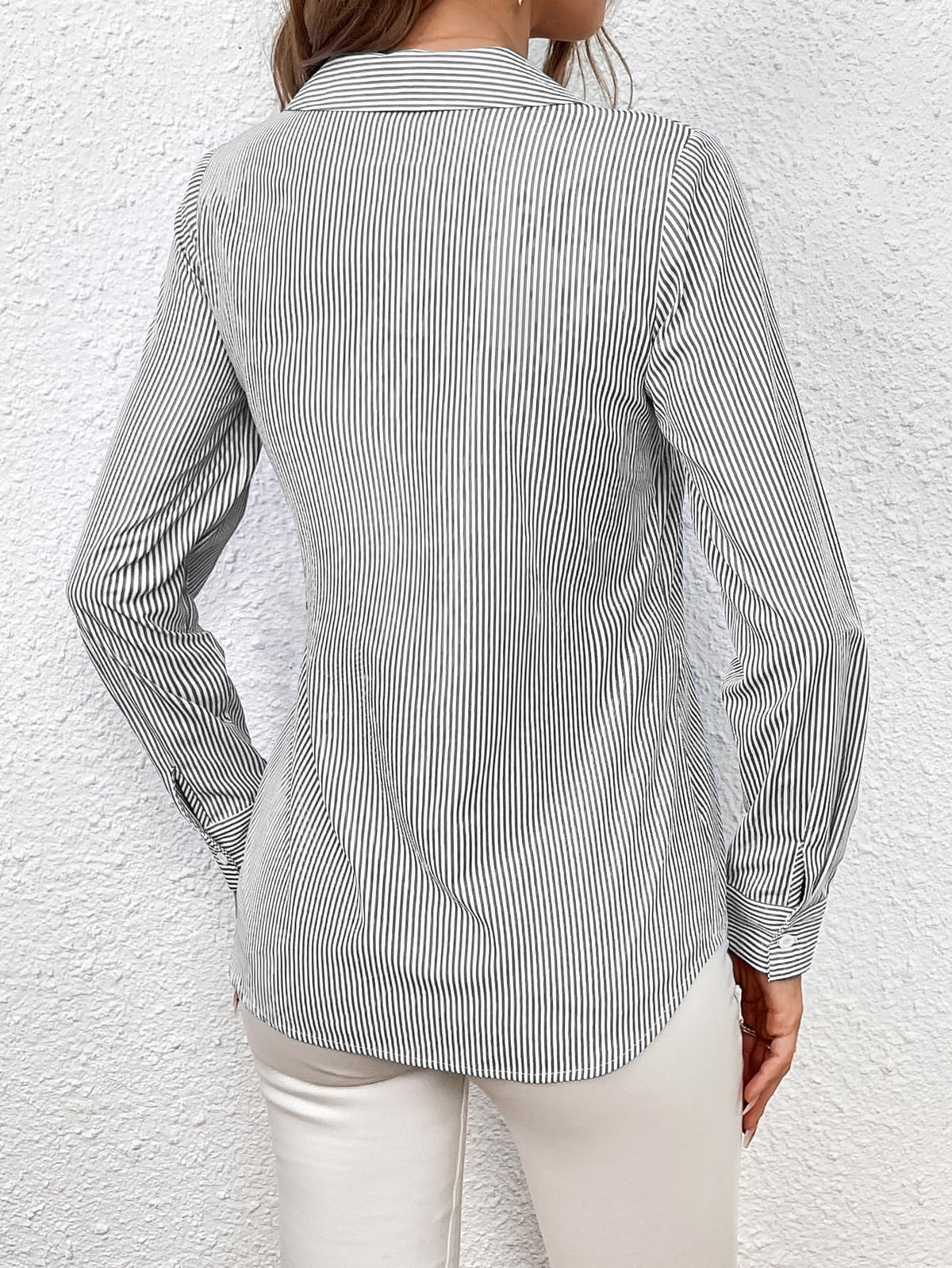 Ivy Lane Bow Tie Waist Johnny Collar Neck Striped Blouse, view 12