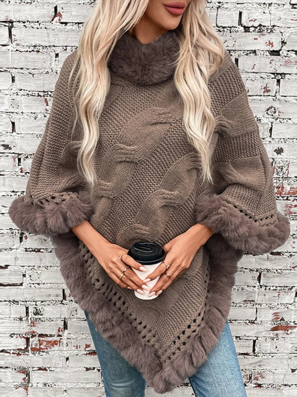 Fuzzy Hem Cable-Knit Poncho - Lilixa.store