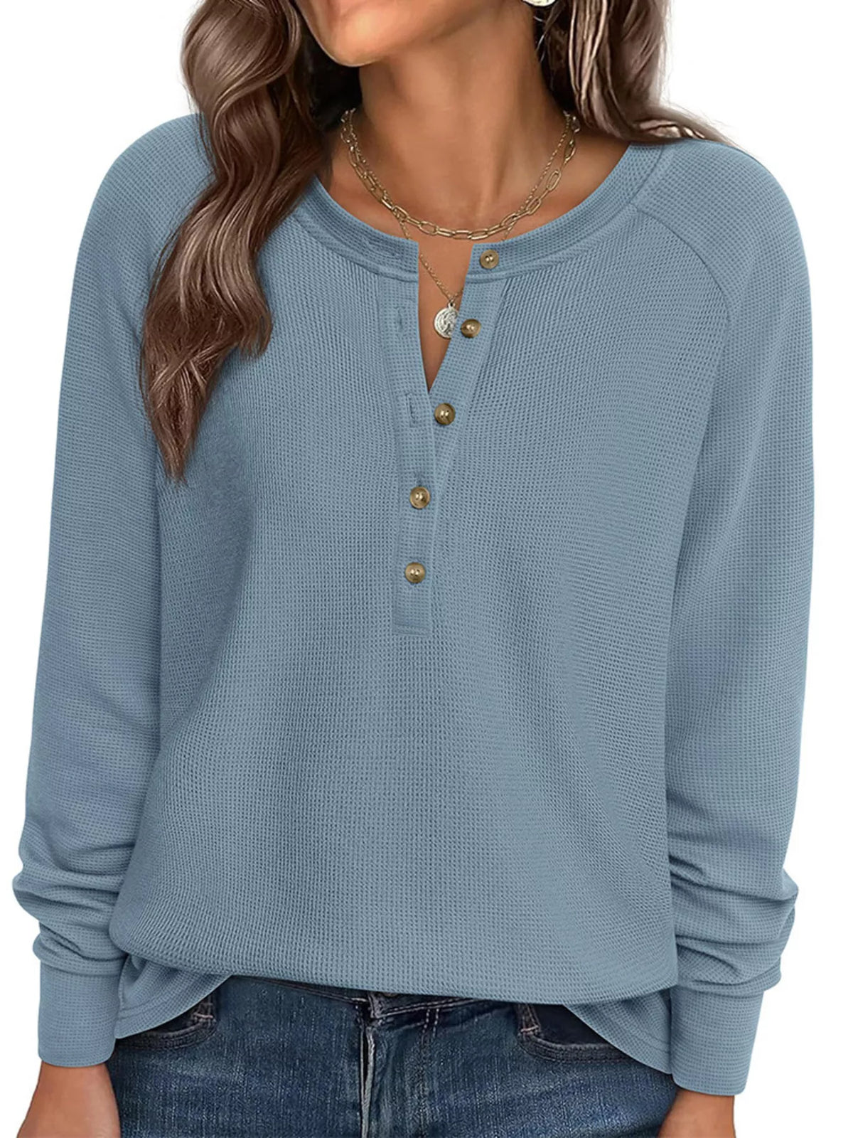 Waffle Knit Henley Long Sleeve T-Shirt - Lilixa.store