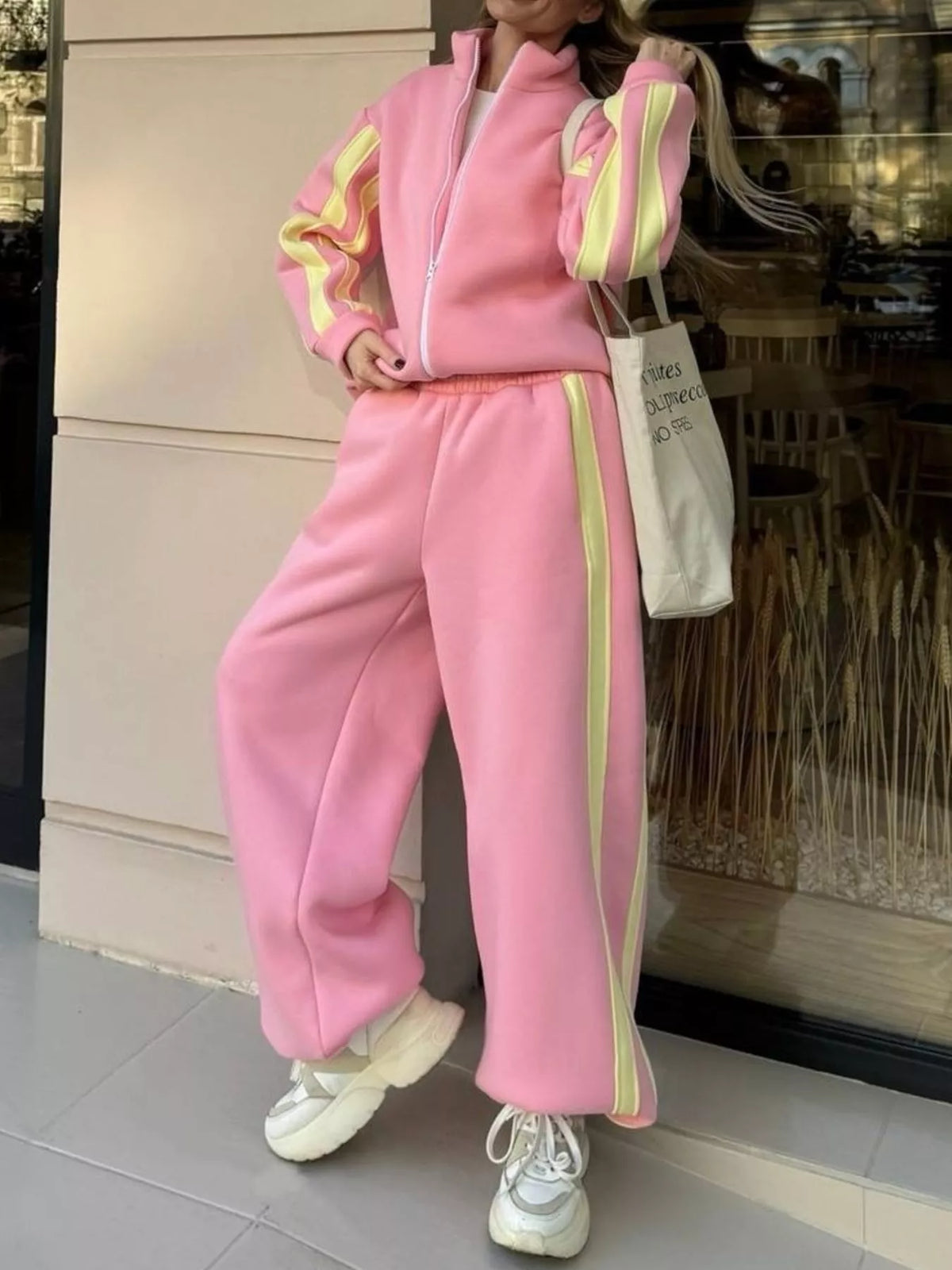 Contrast Striped Zip Up Top and Pants Set - Lilixa.store