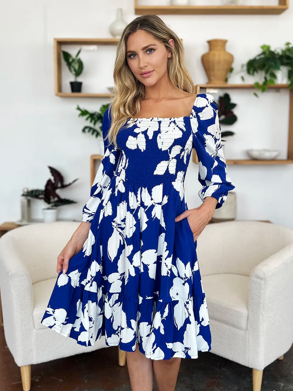 Double Take Full Size Floral Ruffle Hem Smocked Dress with Pockets - Lilixa.store