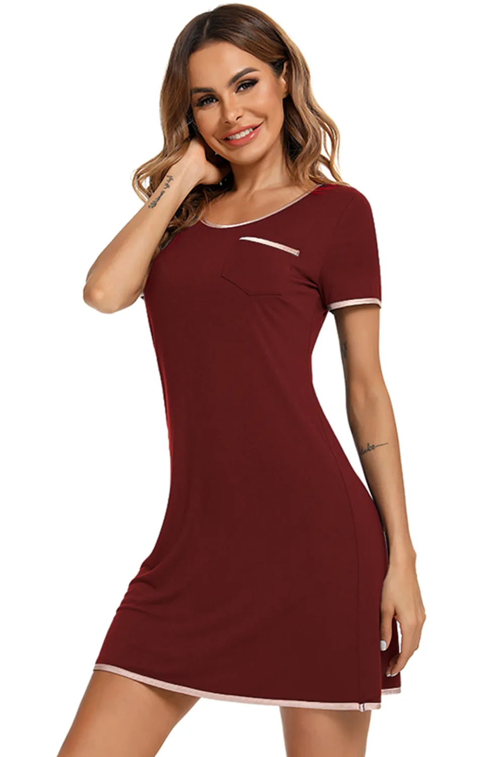 Contrast Trim Pocketed Round Neck Lounge Dress - Lilixa.store