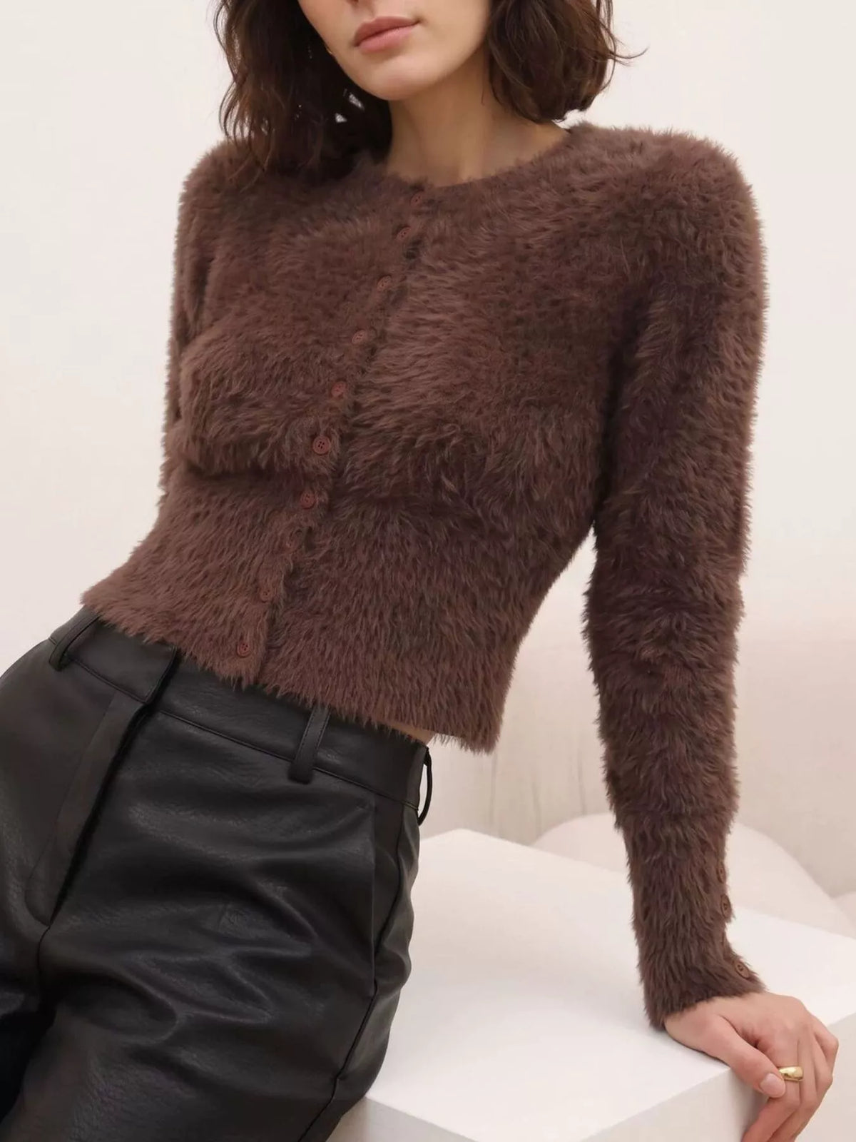 Soft Fuzzy Button-Down Cropped Cardigan, view 20