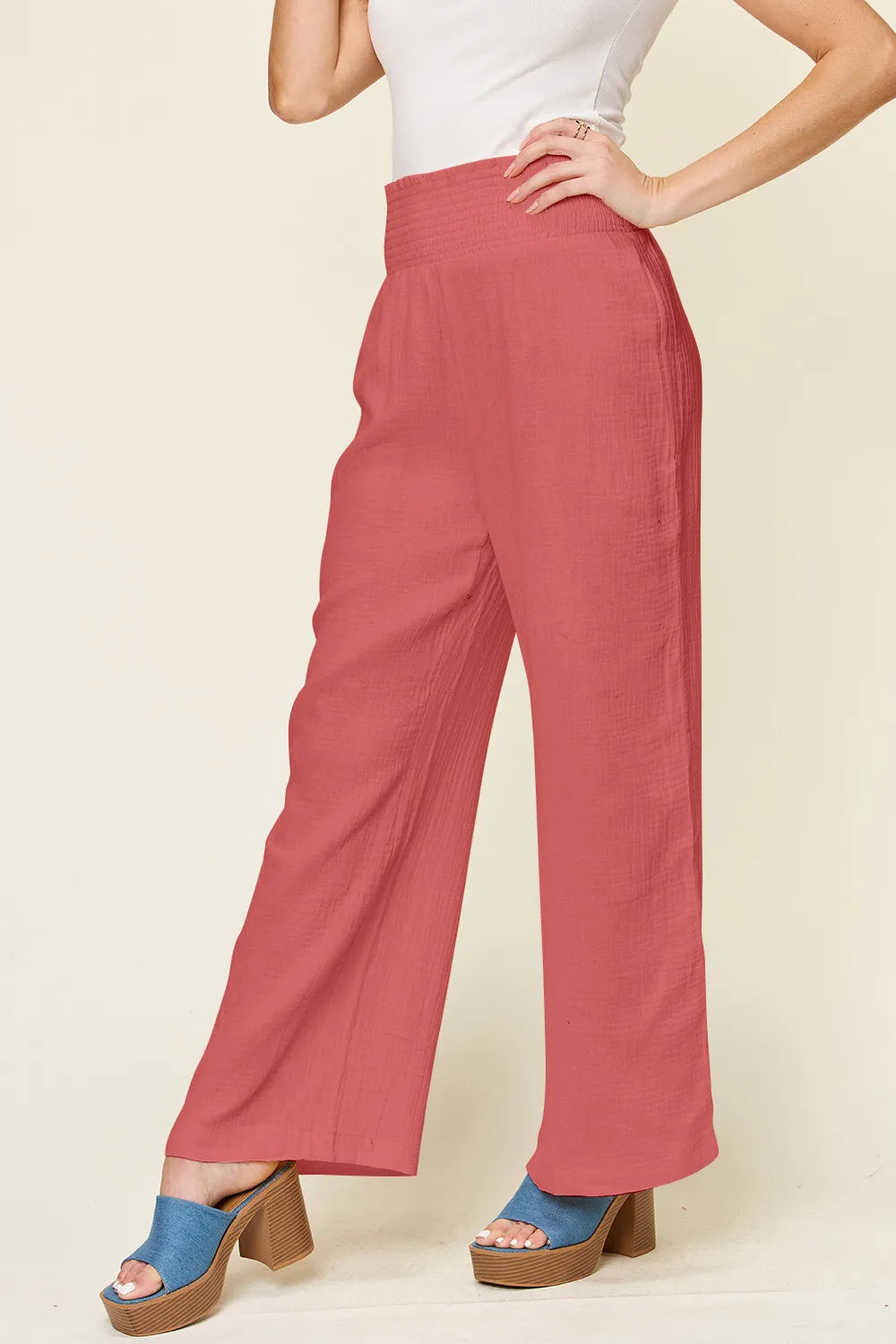 Double Take Full Size Texture Smocked Waist Wide Leg Pants - Lilixa.store
