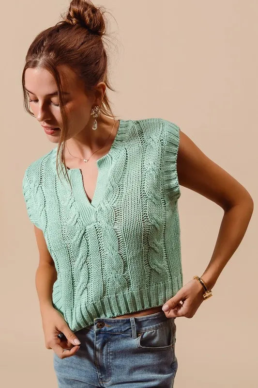 SO ME Notched Neck Cable Knit Sweater Vest in Dusty Sage, view 4