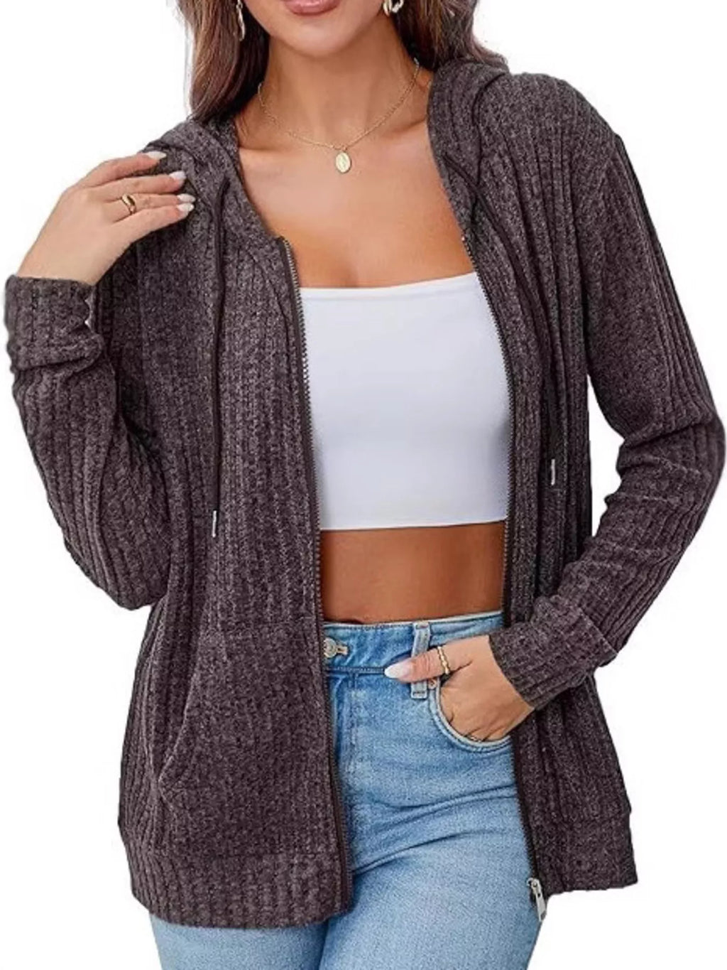 Ribbed Zip Up Hooded Outerwear - Lilixa.store