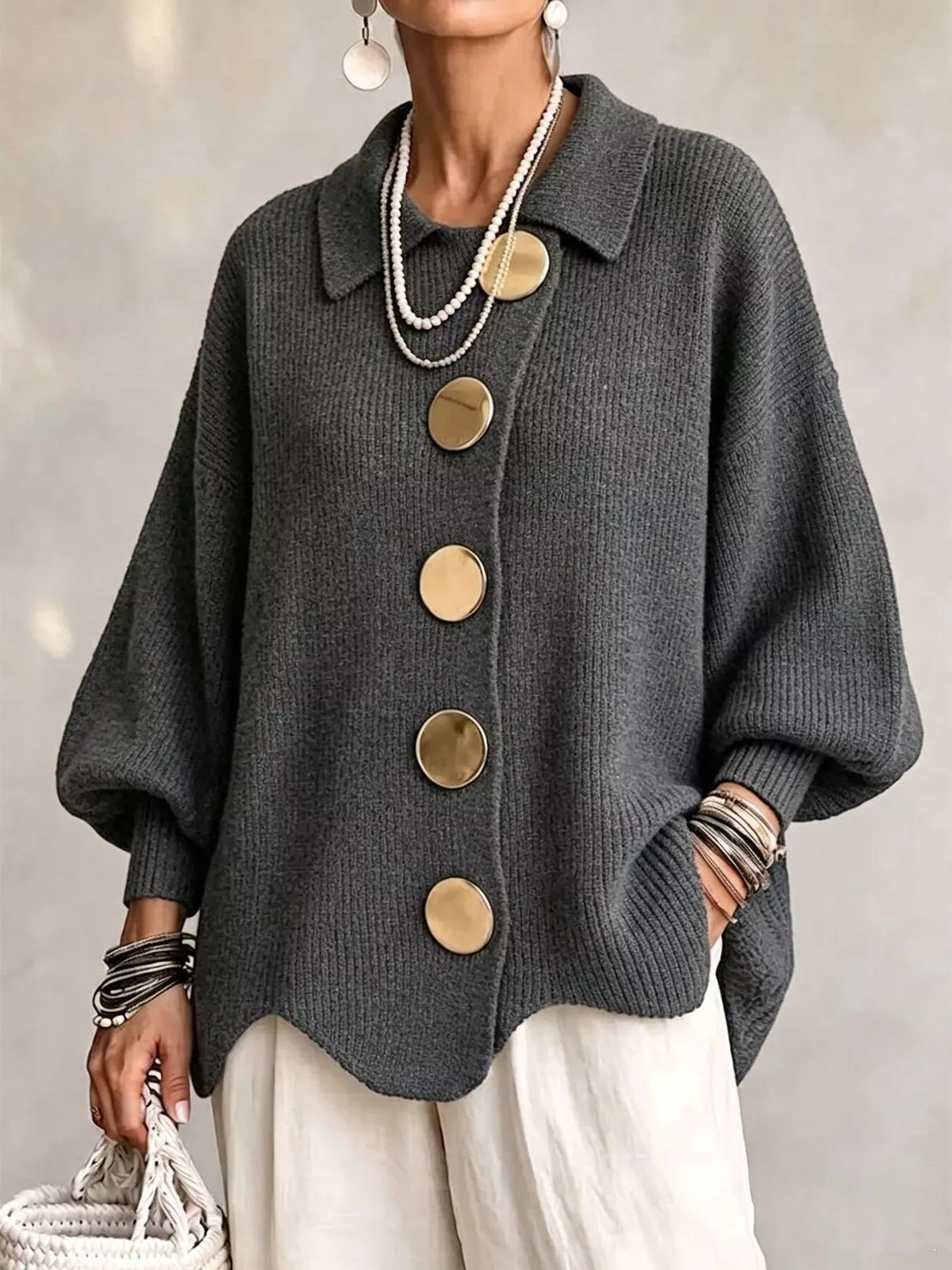 Full Size Gold Buttons Lantern Sleeve Cardigan Plus Size - Lilixa.store