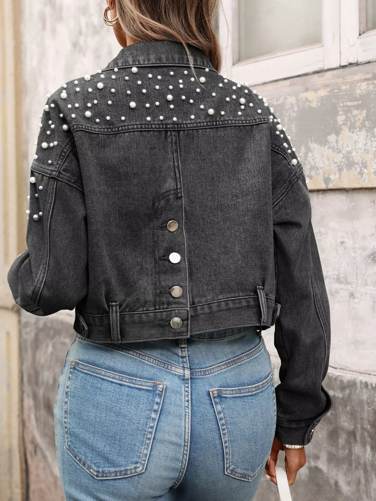 Pearl Embellished Cropped Denim Jacket, view 9