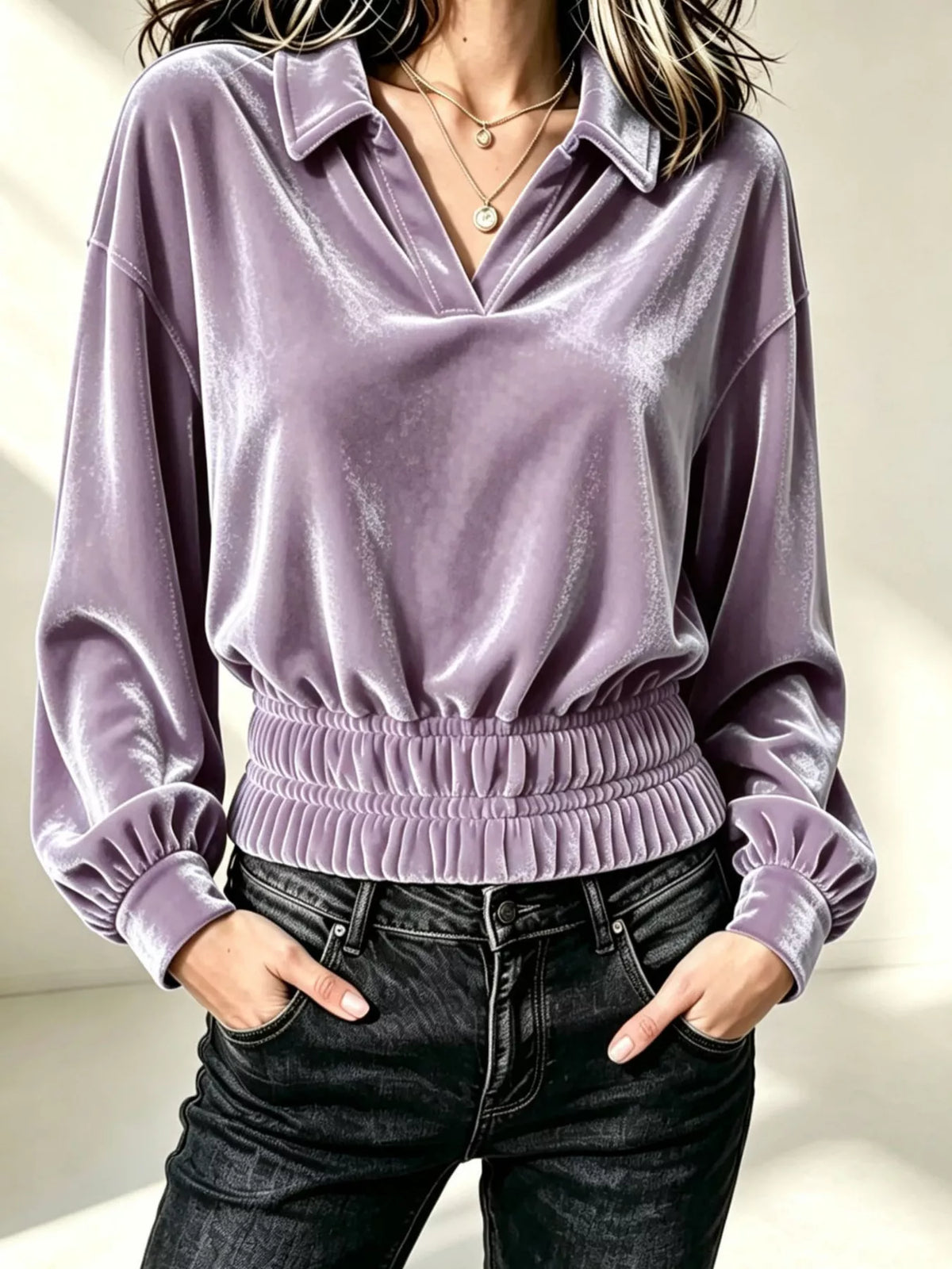 Velvet Johnny Collar Long Sleeve Blouse in Lavender
