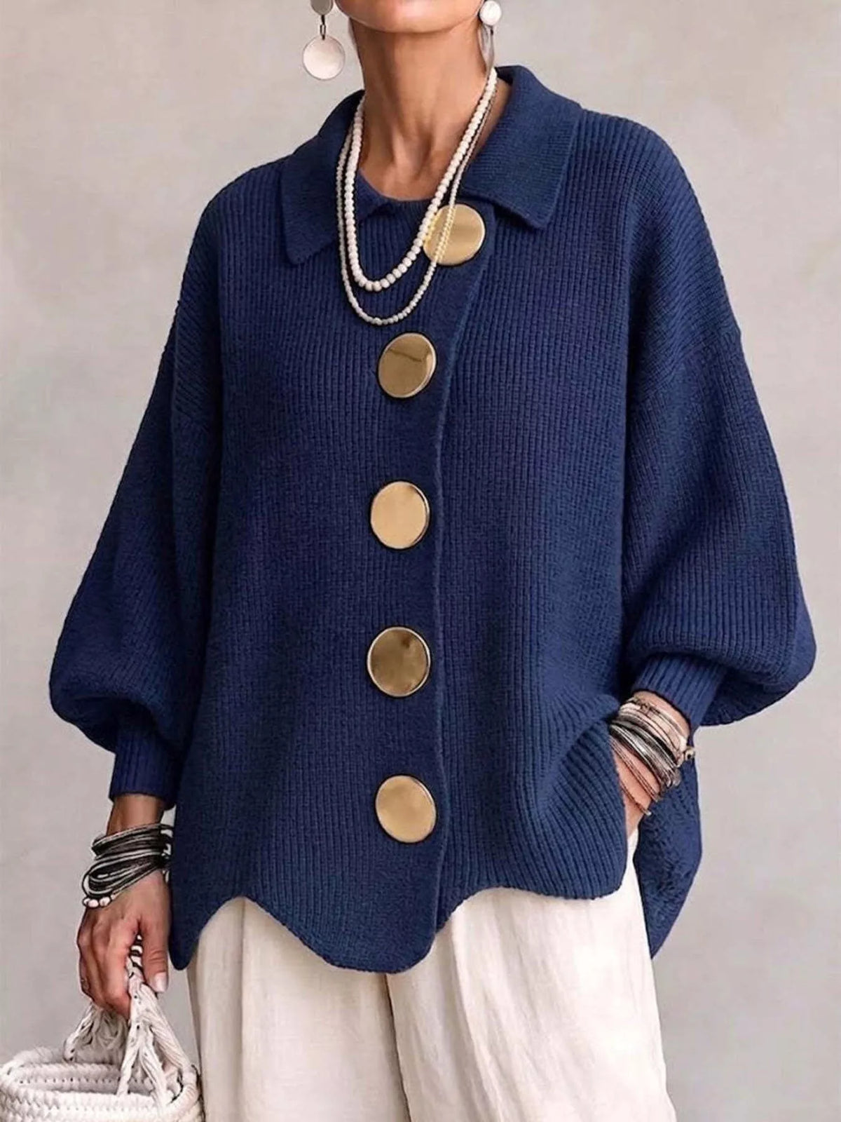 Full Size Gold Buttons Lantern Sleeve Cardigan Plus Size - Lilixa.store