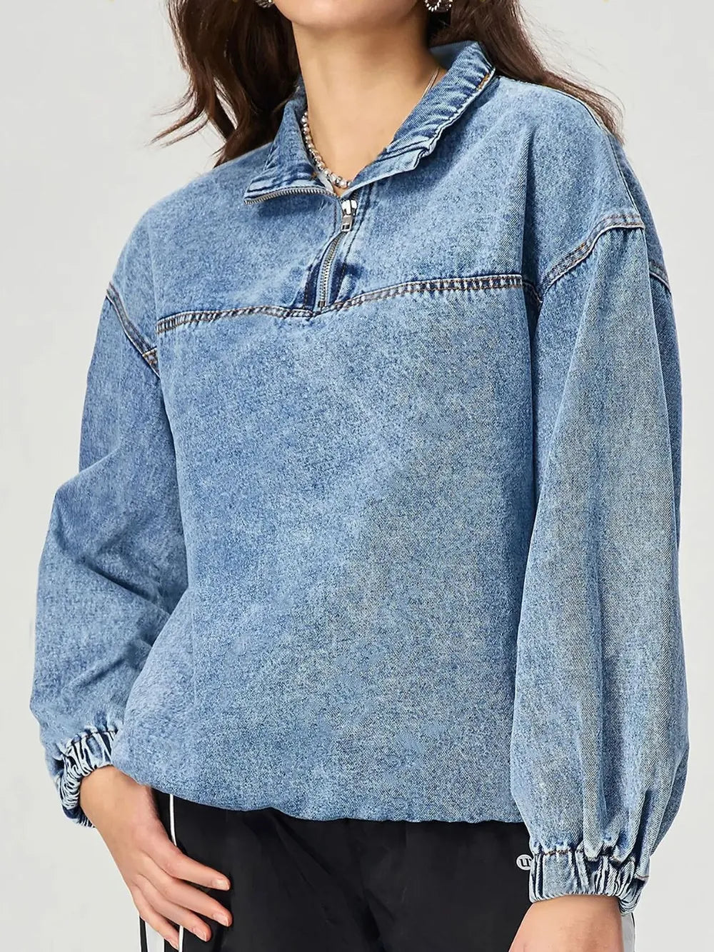 Quarter Zip Collared Neck Denim Top - Lilixa.store
