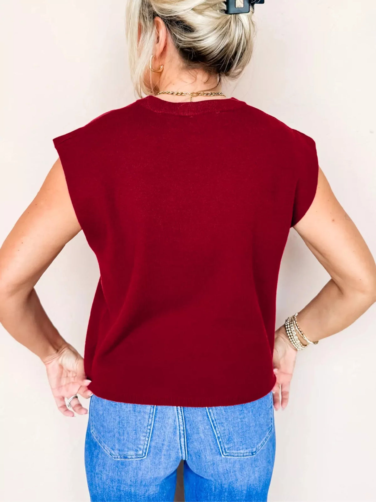 Solid Color Crew Neck Knit Cap Sleeve Sweater in Burgundy, view 2