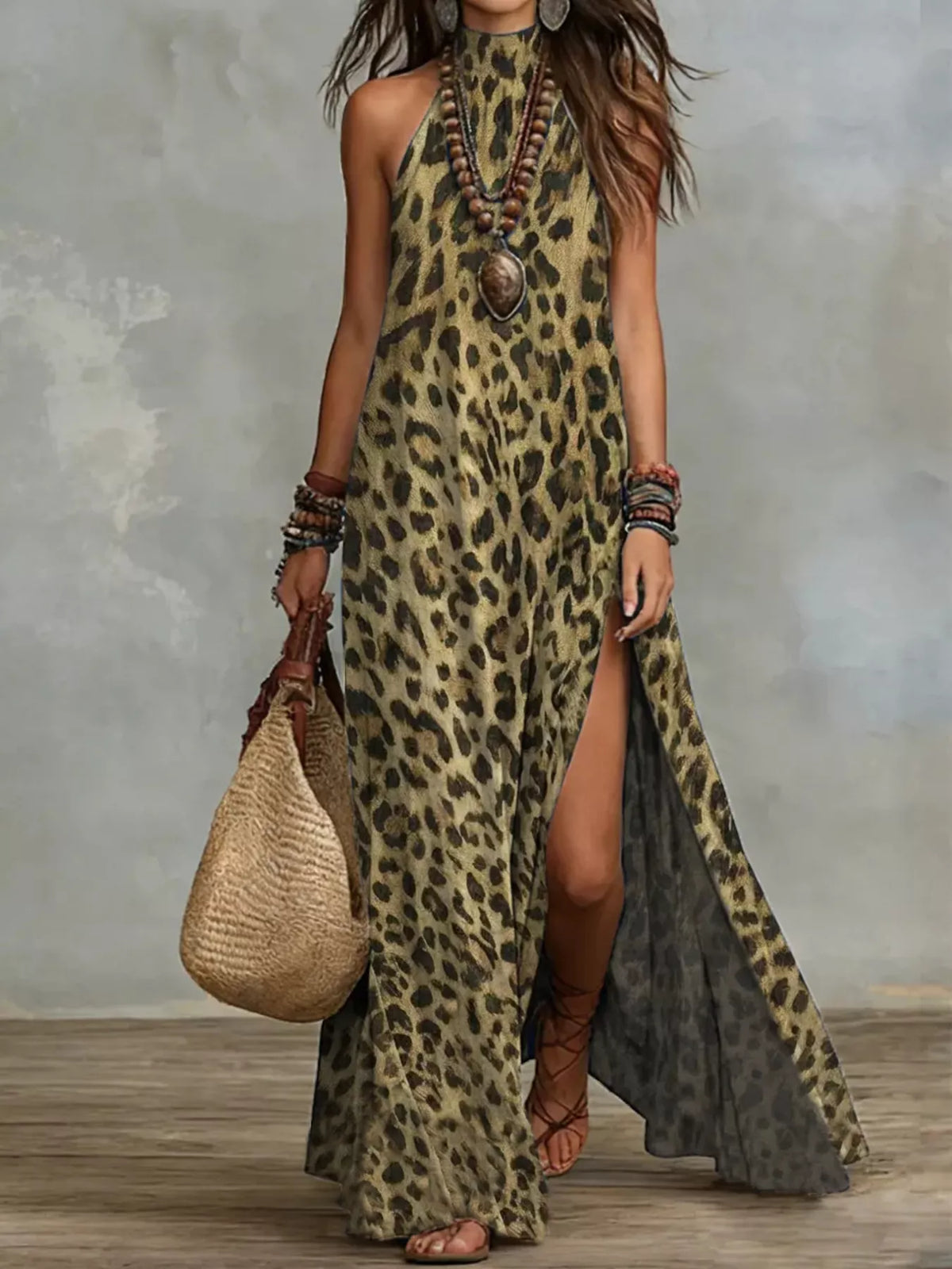 Leopard Print Sleeveless Maxi Dress with Side Slit