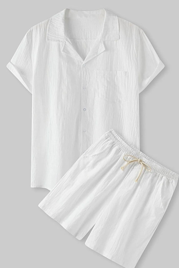 Men's Short Sleeve Shirt and Shorts Set in White