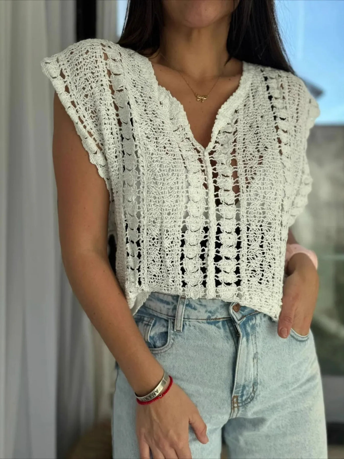 Crochet Knit V-Neck Sweater Vest in White