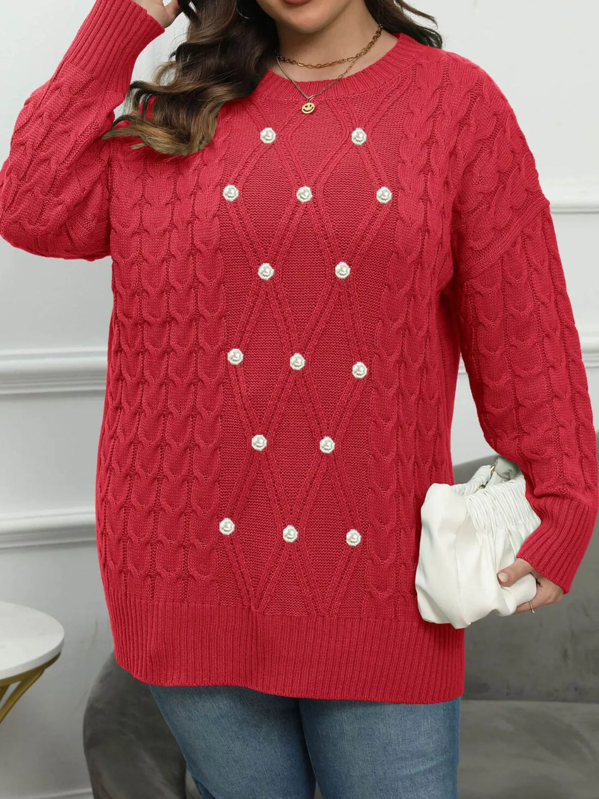 Plus Size Cable Knit Dropped Shoulder Sweater - Lilixa.store