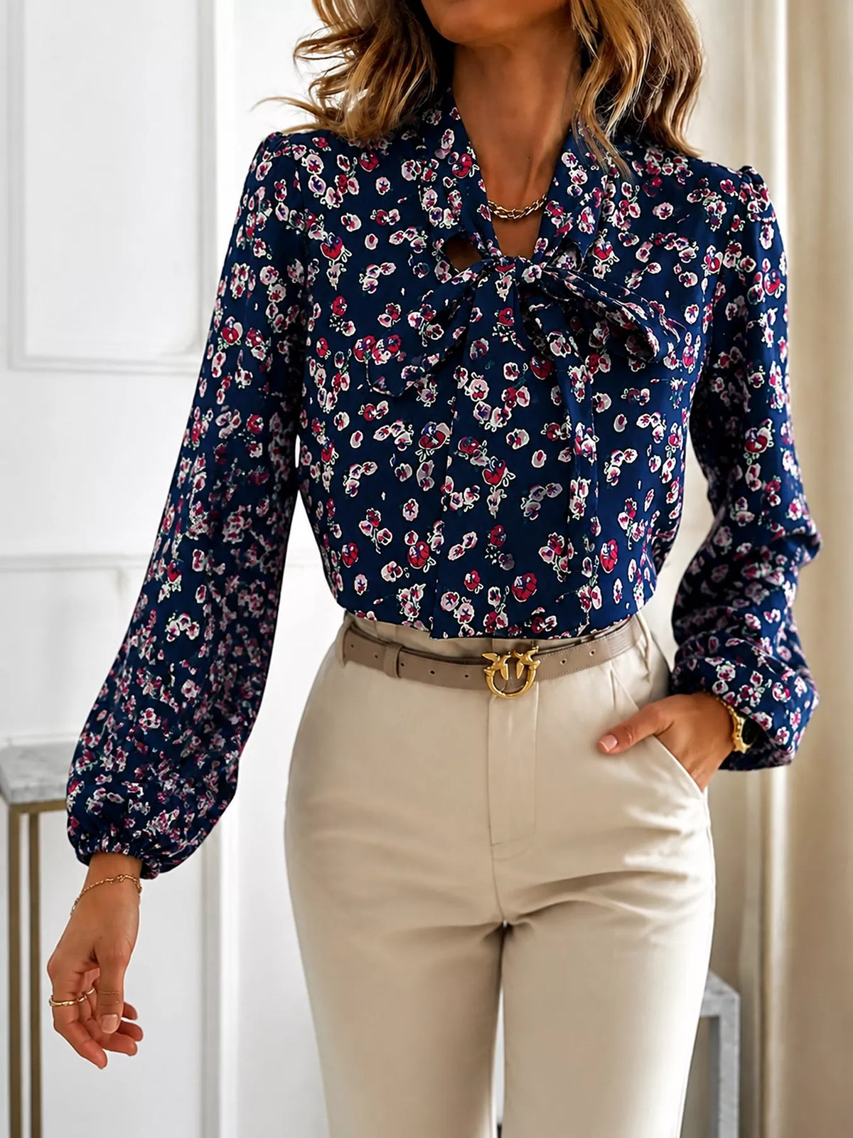 Printed Bow-Tie Neck Long Sleeve Blouse