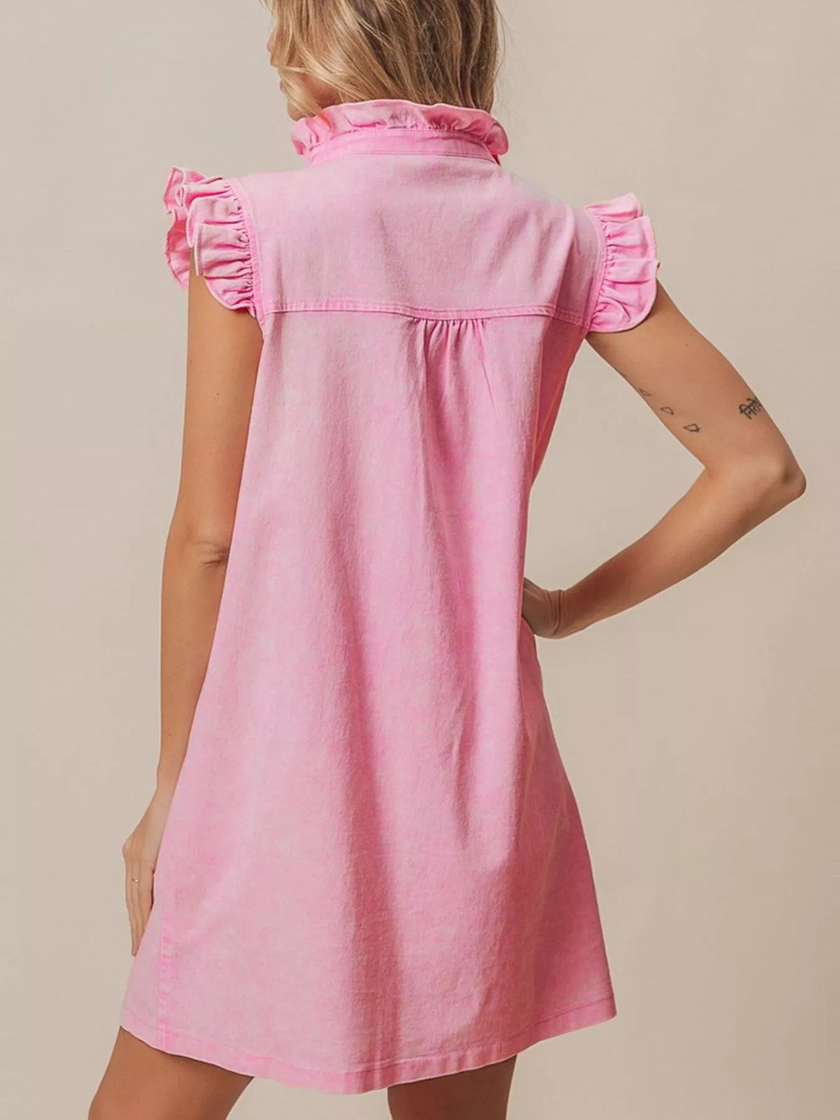 Ruffled Trim Button-Down Denim Dress - Lilixa.store