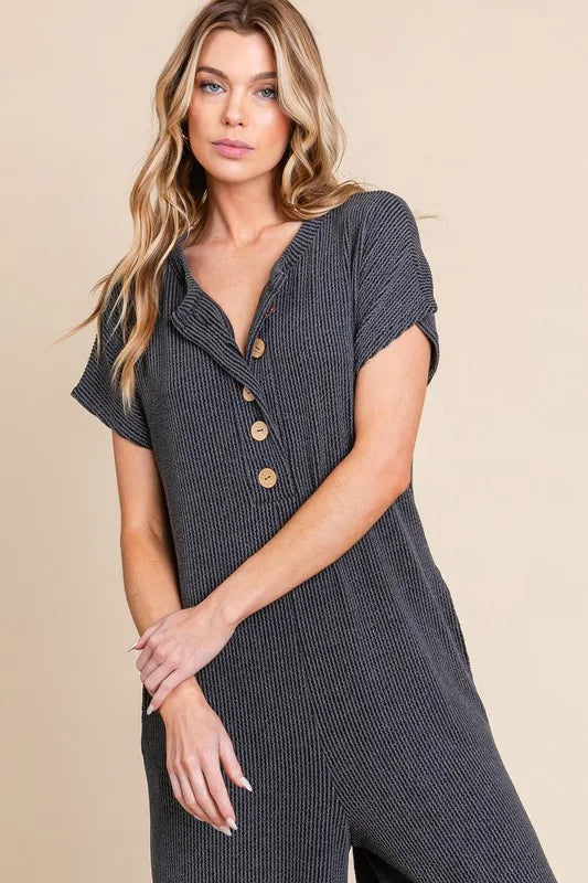 BOMBOM Rib Knit Jumpsuit with Button Detail - Lilixa.store