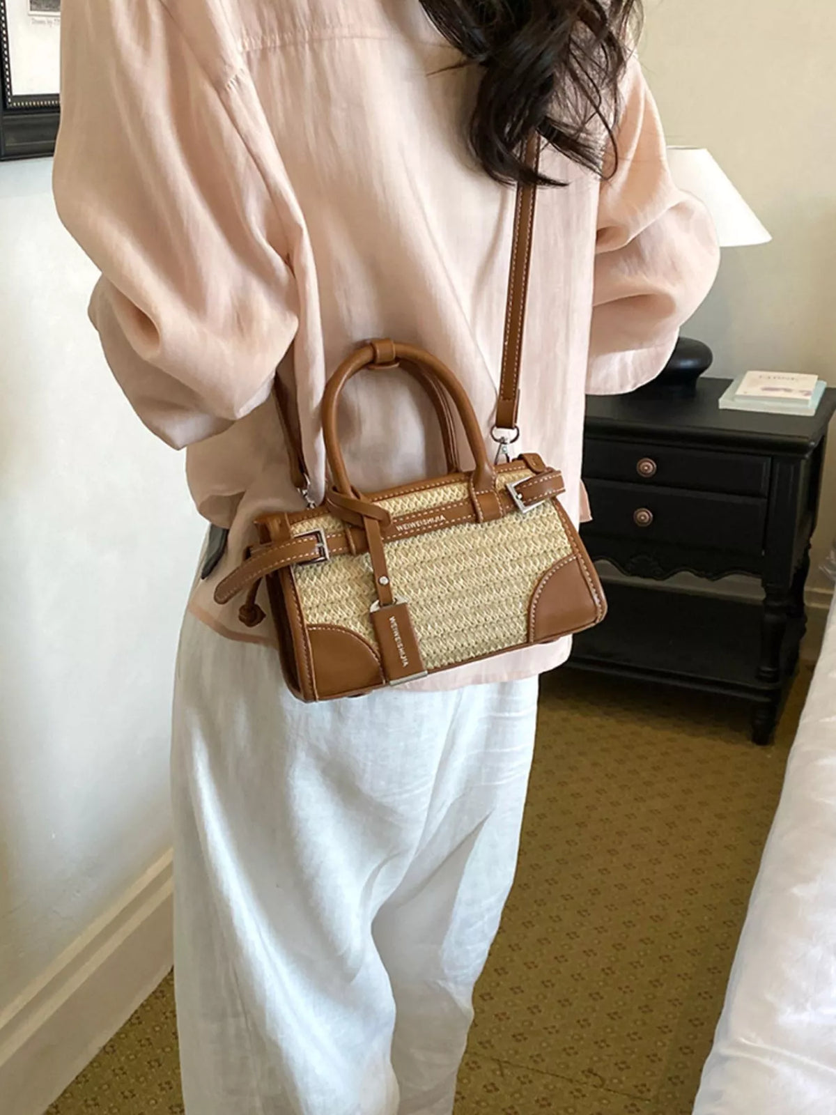 Leather Trim Woven Crossbody Bag