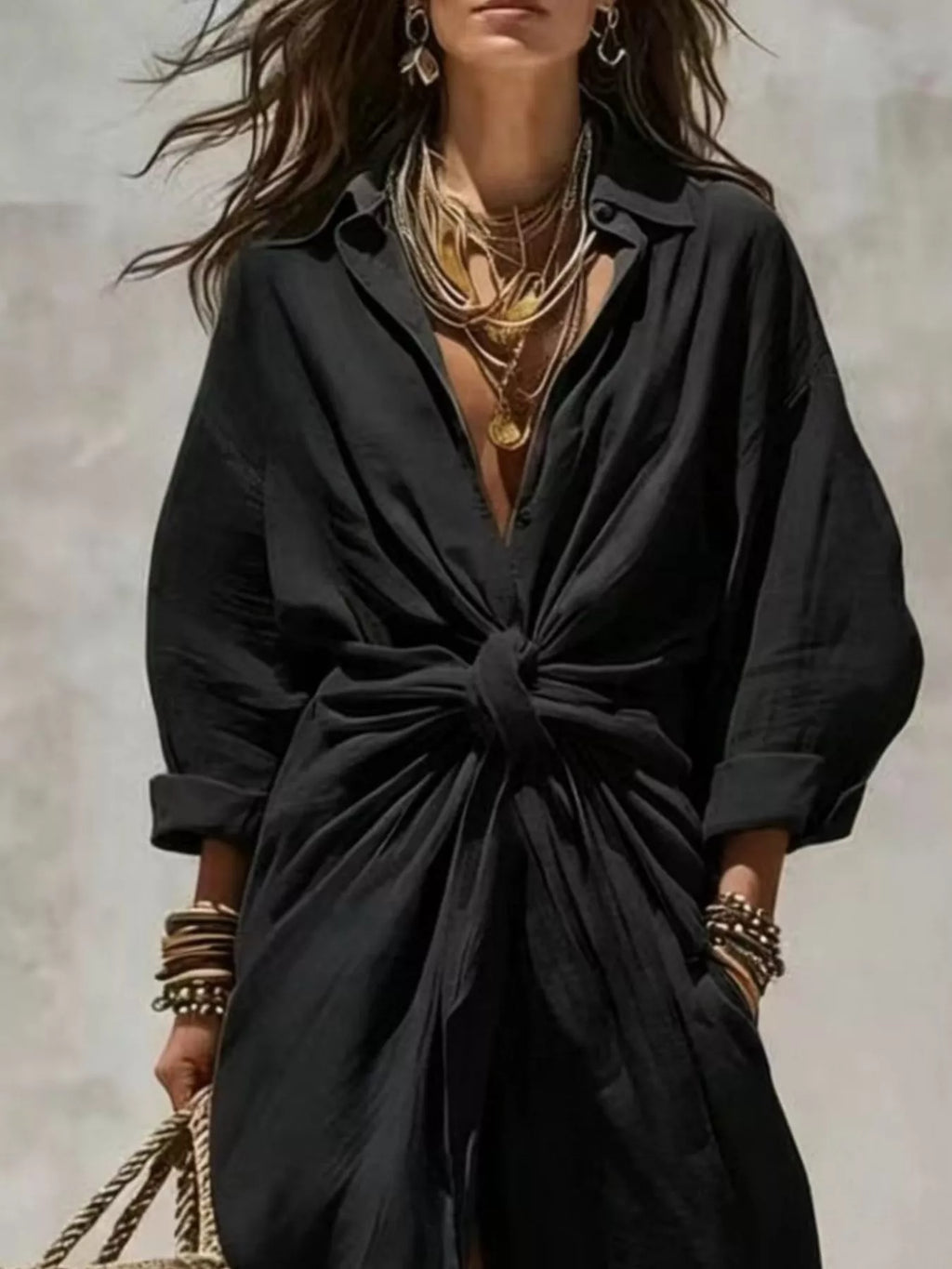 Front-Tie Maxi Shirt Dress - Lilixa.store