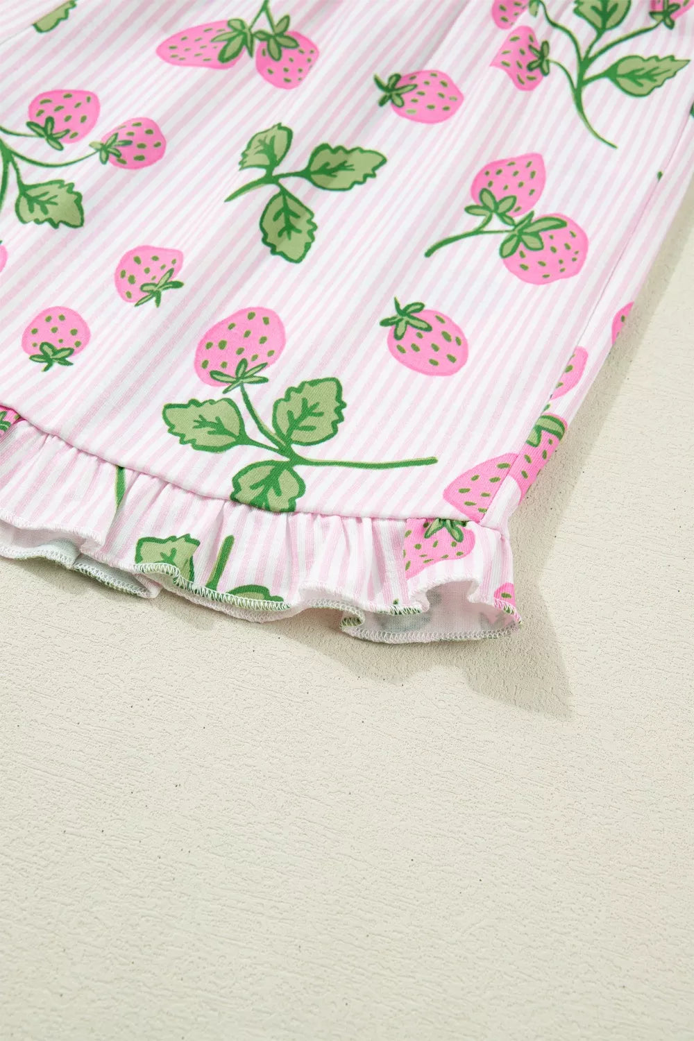 Striped Strawberry Print Lapel Shirt Drawstring Shorts 2pcs Pajama Set - Lilixa.store