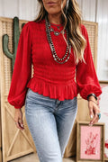 Smocked Balloon Sleeves Peplum Blouse - Lilixa.store