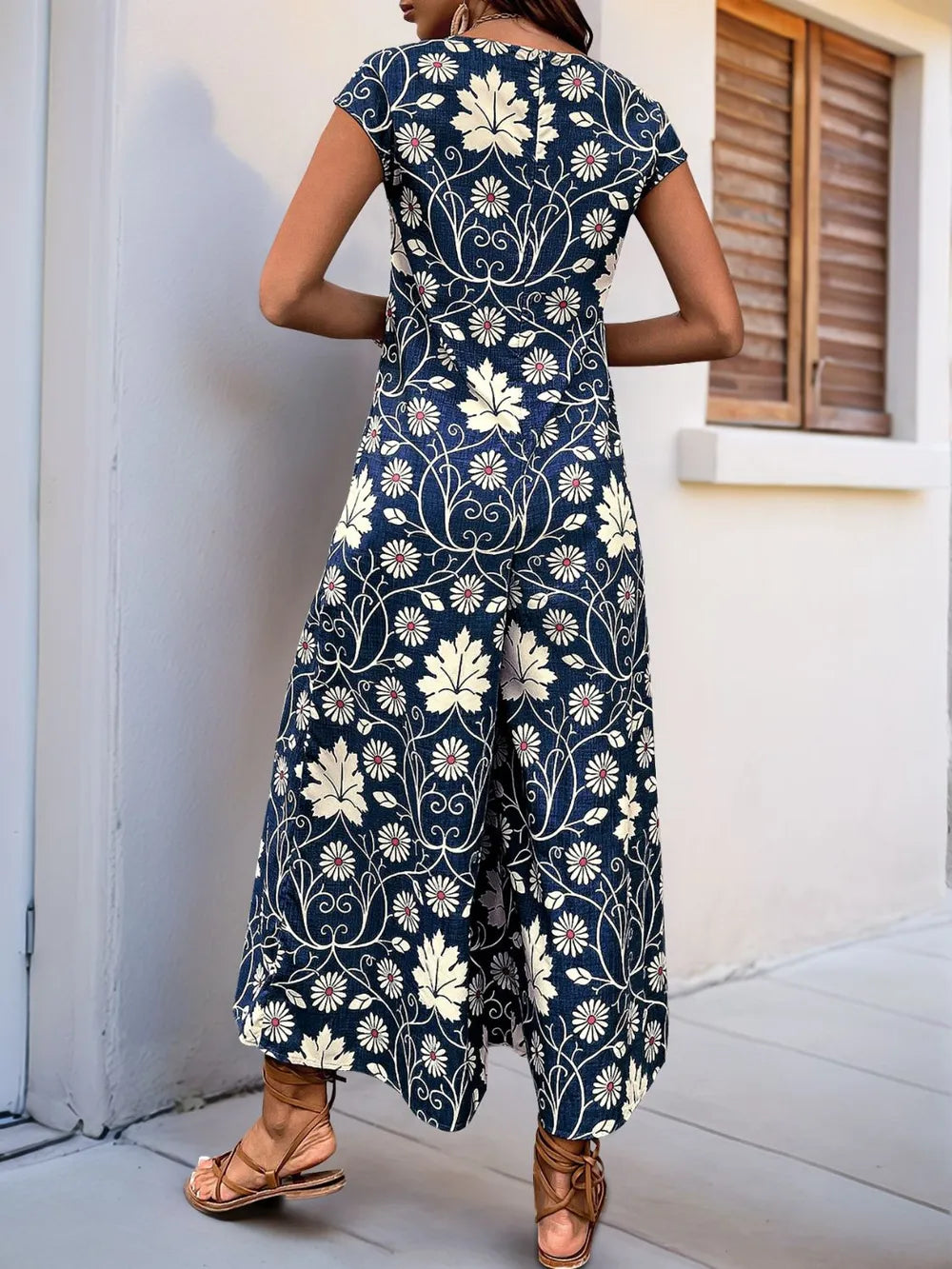Perfee Printed Round Neck Cap Sleeve Wide Leg Jumpsuit - Lilixa.store