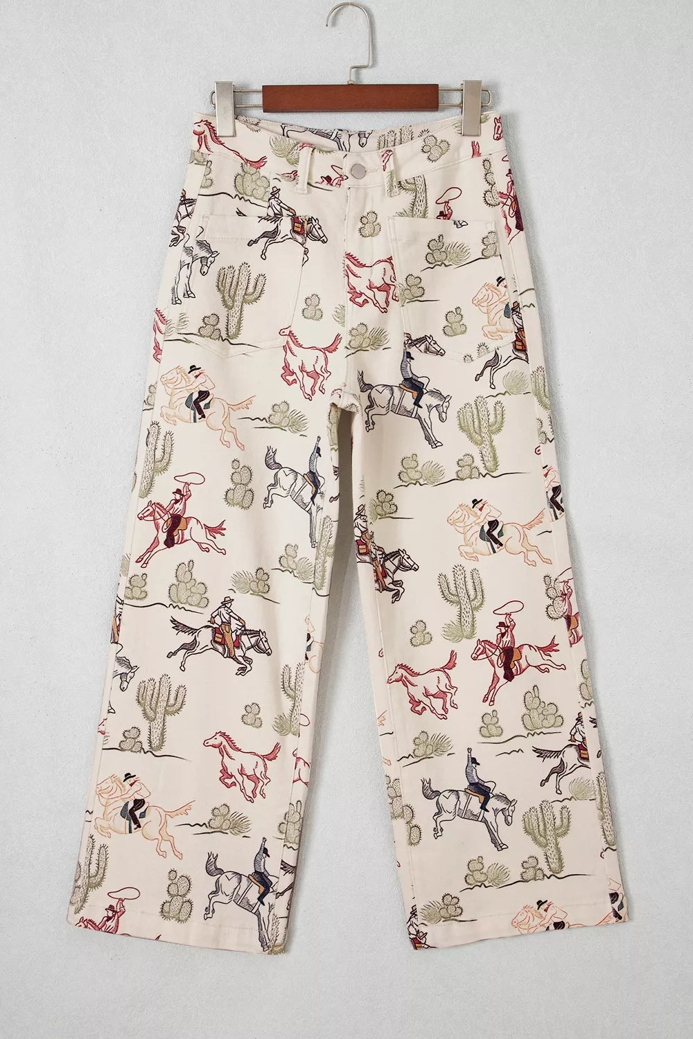 Western Print Straight Leg Ankle-Length Pocket Jeans