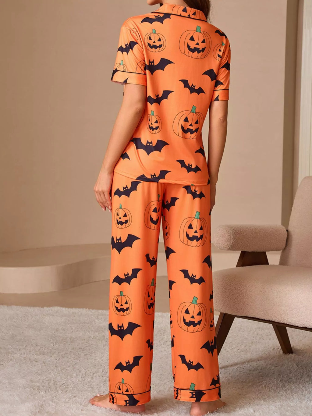 Halloween Pumpkin and Bat Print Button-Down Top and Pants Lounge Set - Lilixa.store