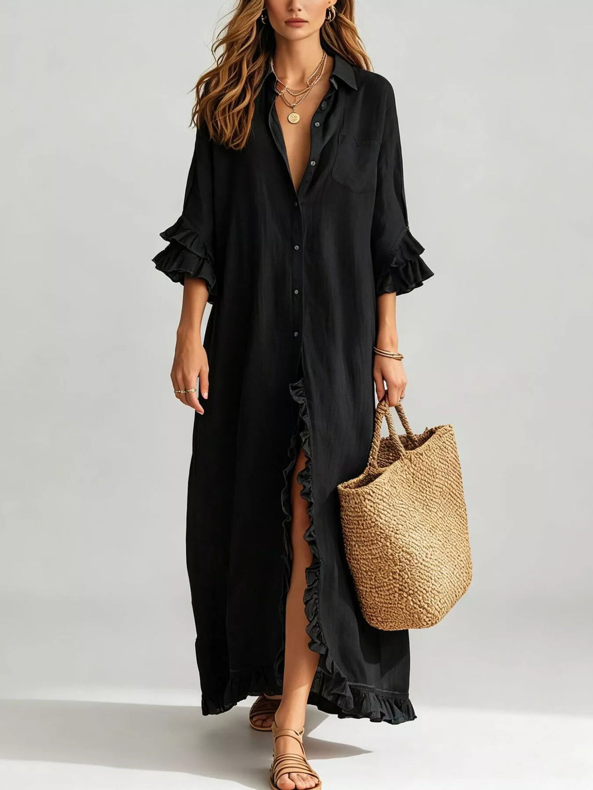 Full Size Ruffled Trim Button-Down Maxi Shirt Dress Plus Size - Lilixa.store