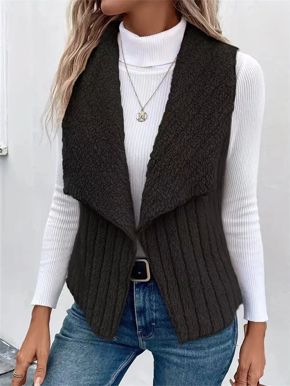 Open Front Fuzzy Vest Coat in Black