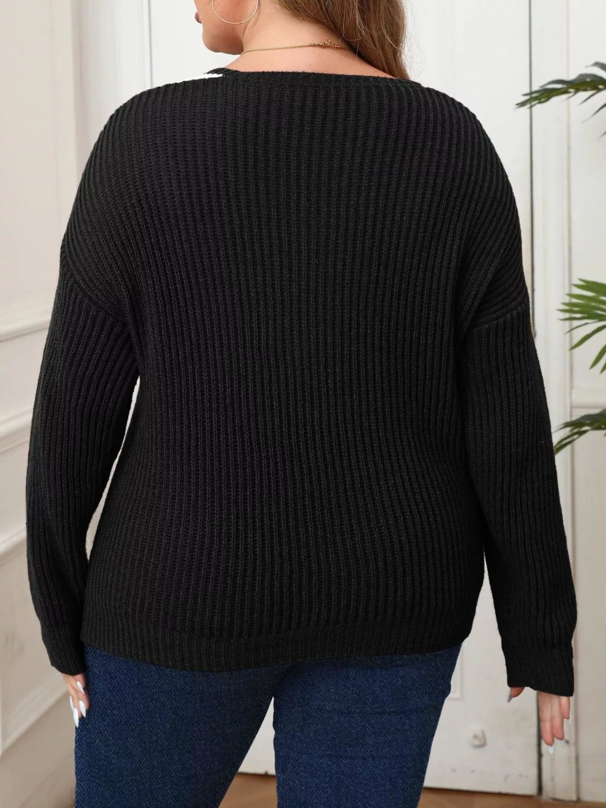 Plus Size Contrast Trim Button-Decorated Sweater - Lilixa.store