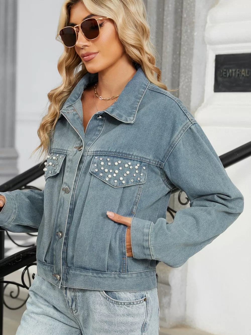 Rhinestone & Peal Trim Button Down Long Sleeve Denim Jacket, view 5