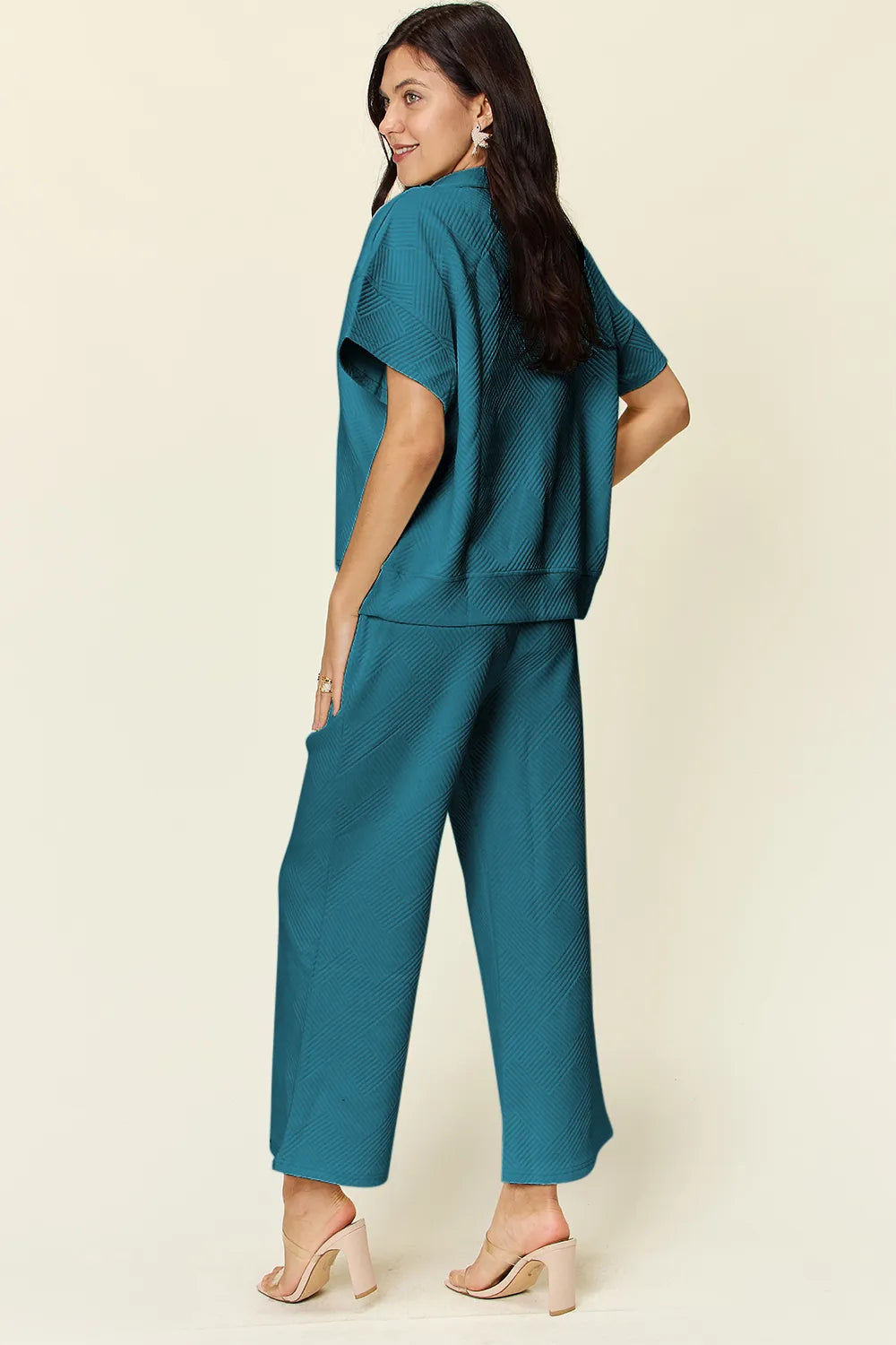 Double Take Full Size Texture Half Zip Short Sleeve Top and Pants Set, view 3