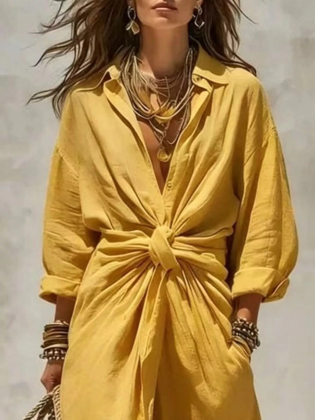 Front-Tie Maxi Shirt Dress - Lilixa.store