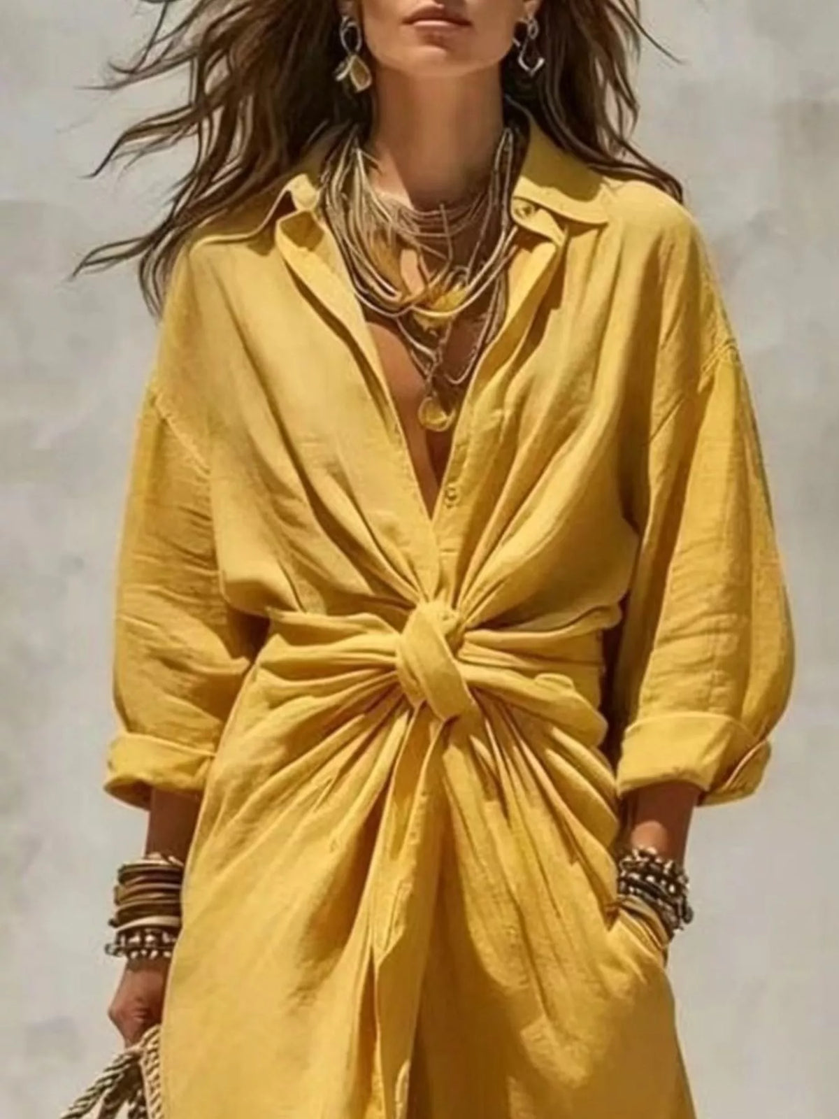 Front-Tie Maxi Shirt Dress - Lilixa.store