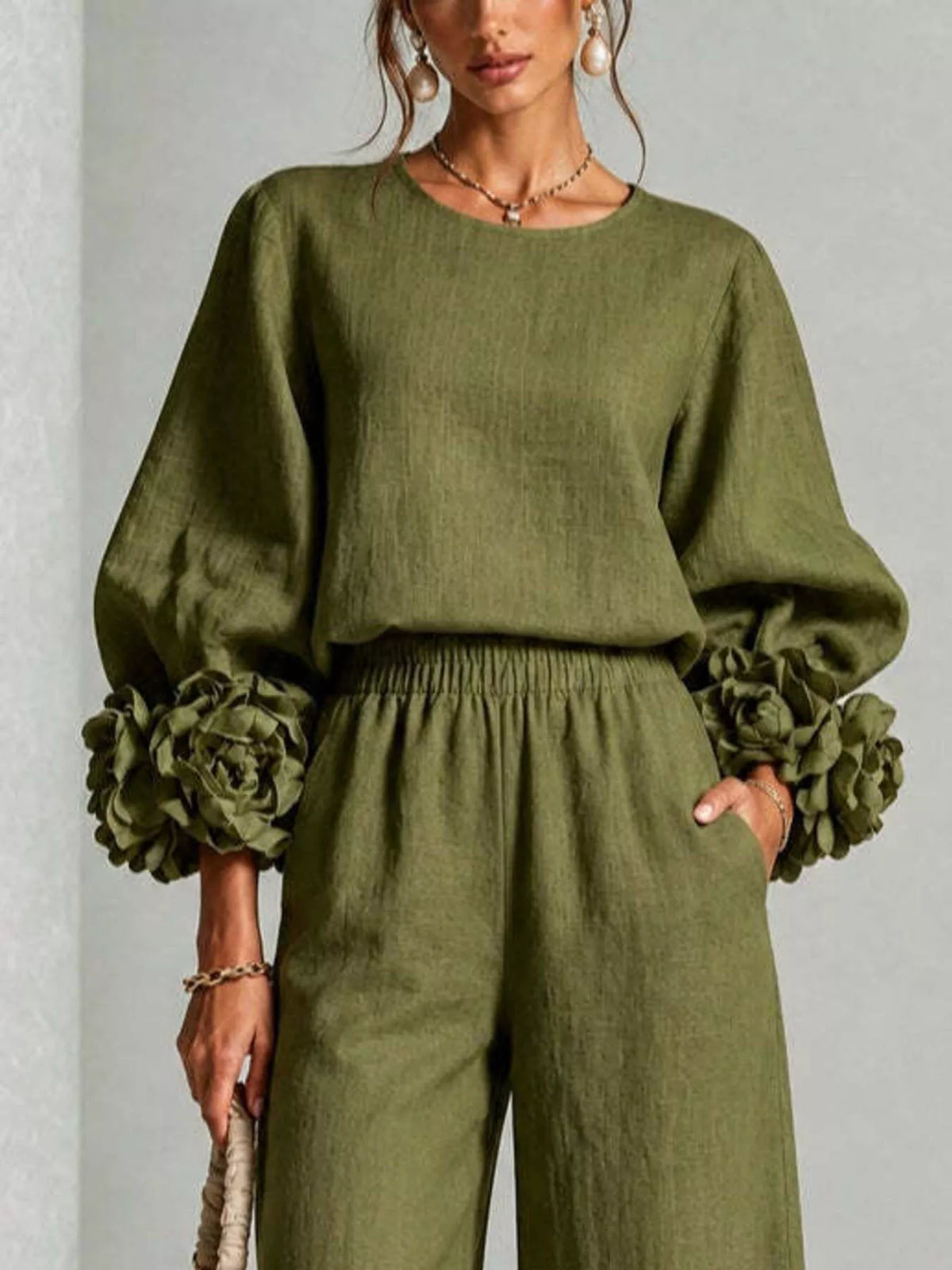 Full Size Floral Cuffs Top and Wide Leg Pants Set Plus Size