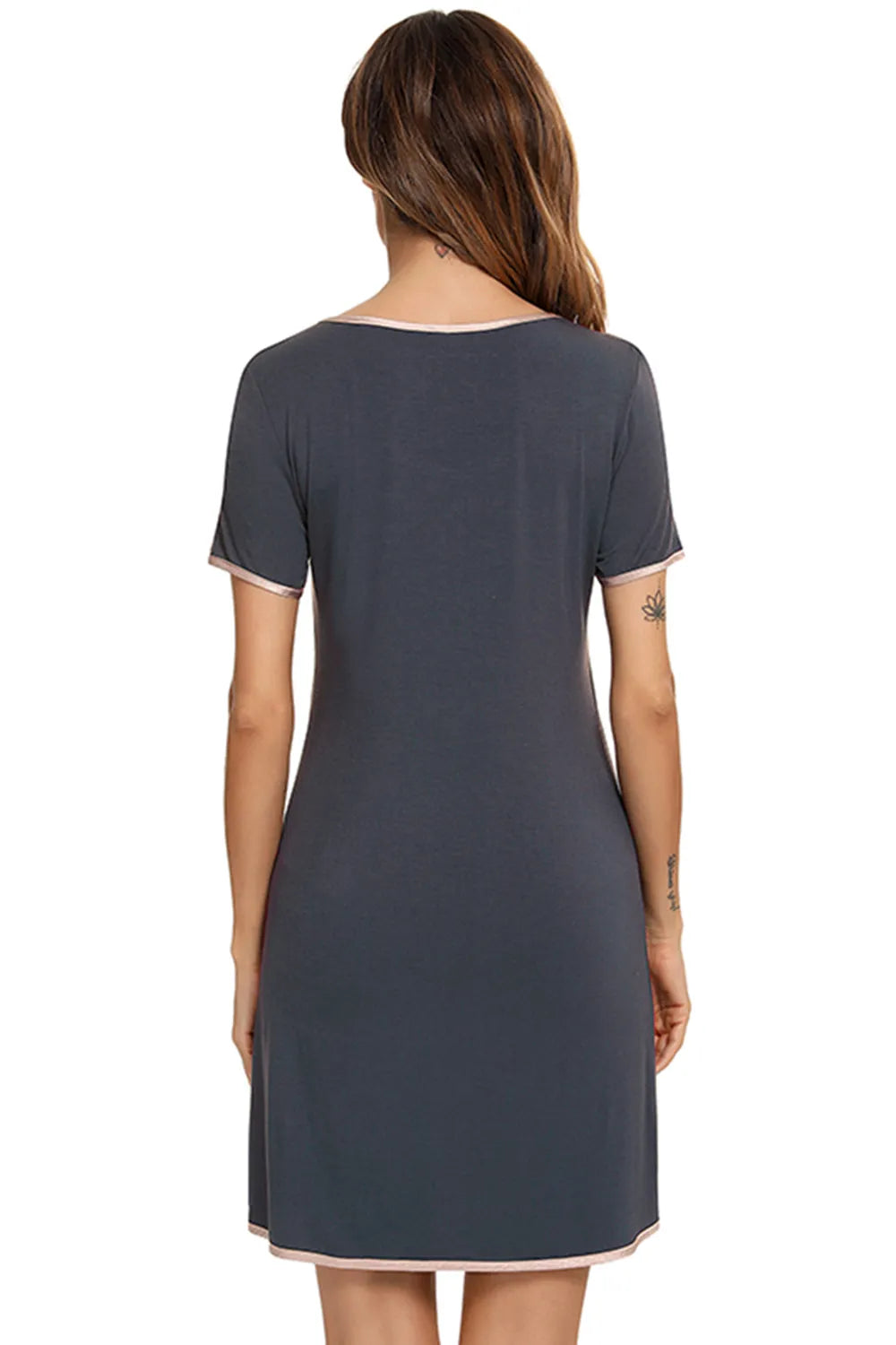 Contrast Trim Pocketed Round Neck Lounge Dress - Lilixa.store