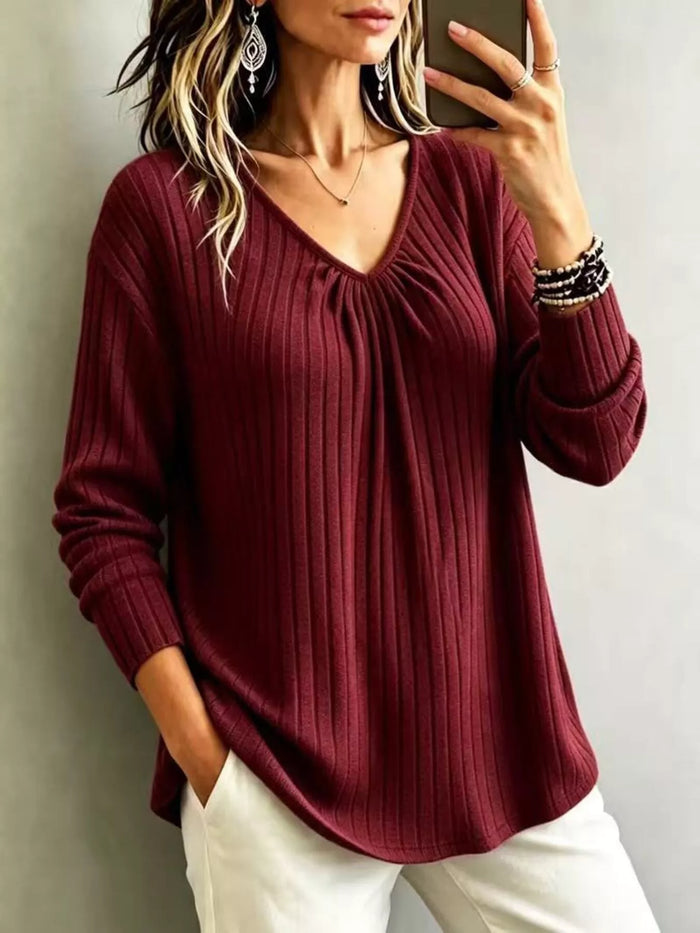 V-Neck Ribbed Long Sleeve T-Shirt in Burgundy